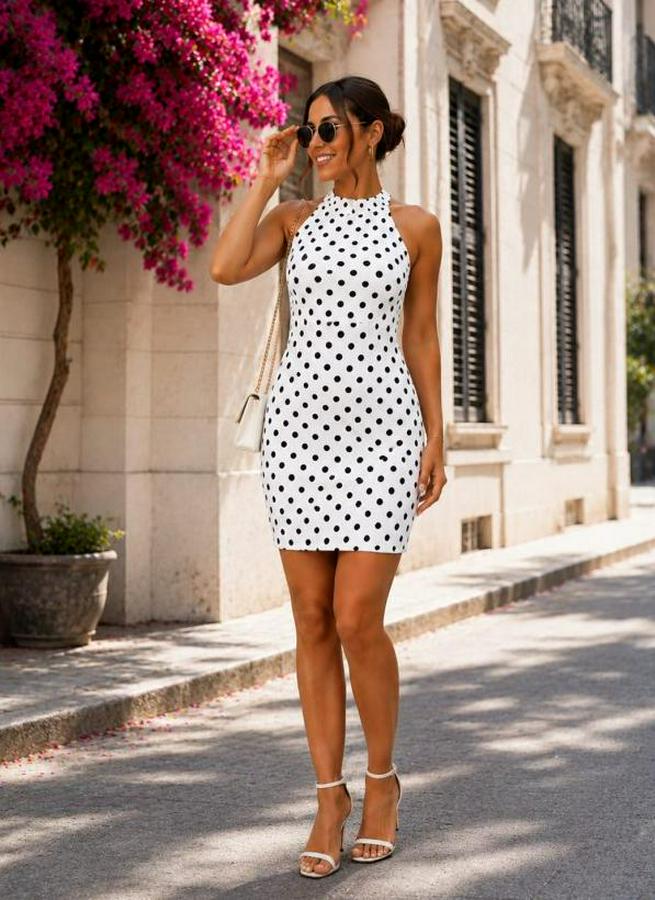Halter Yaka Puantiyeli Modal Kumaş Mini Elbise