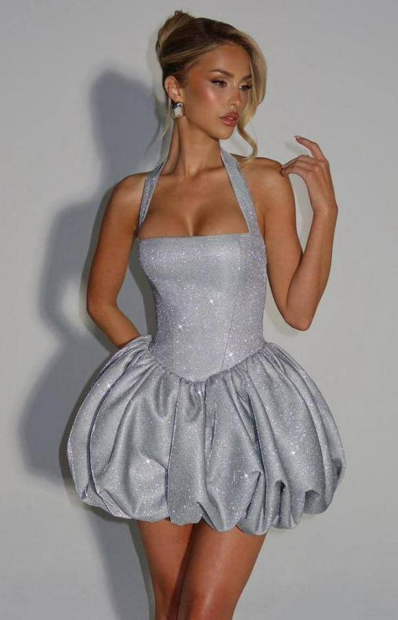 Halter Yaka Simli Kumaş Sırtı Bağcık Detay Prenses Elbise