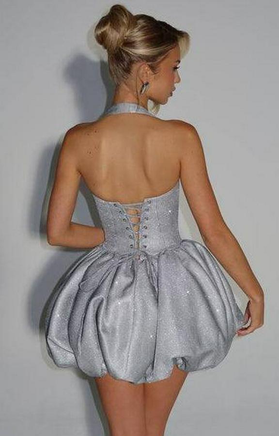 Halter Yaka Simli Kumaş Sırtı Bağcık Detay Prenses Elbise