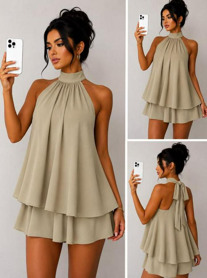Halter Yaka Volan Detaylı Mini Elbise