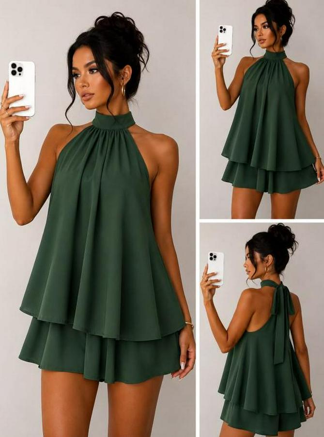 Halter Yaka Volan Detaylı Mini Elbise