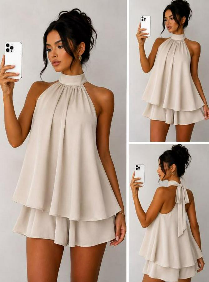 Halter Yaka Volan Detaylı Mini Elbise