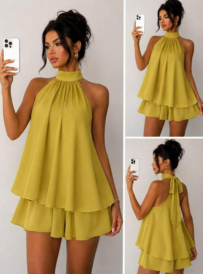 Halter Yaka Volan Detaylı Mini Elbise