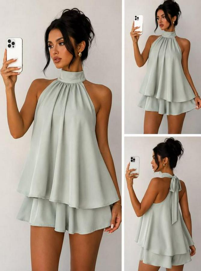 Halter Yaka Volan Detaylı Mini Elbise