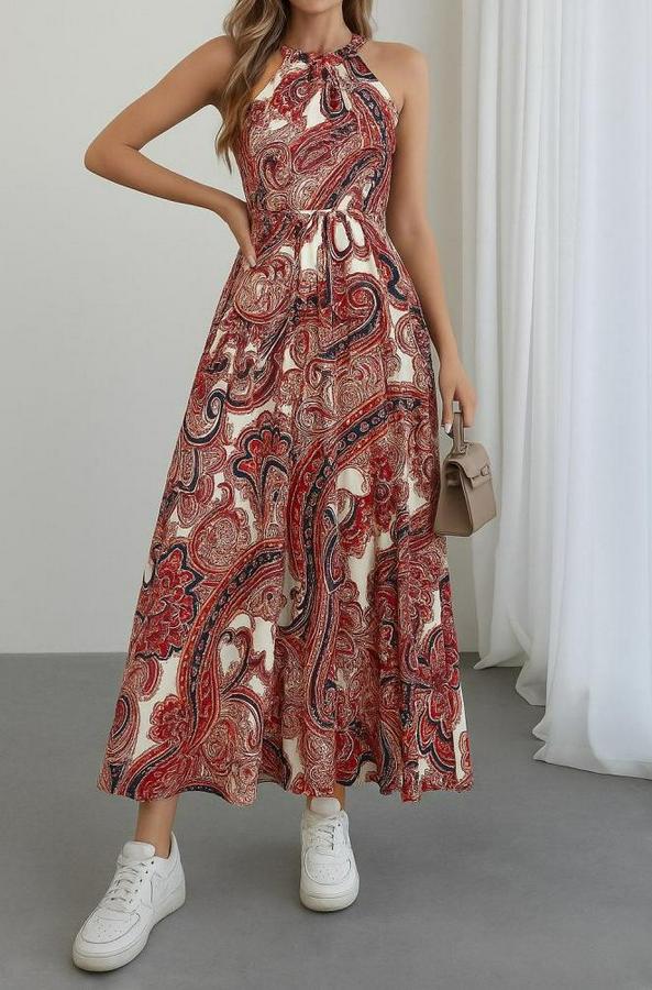 Halter Yakalı Omuzlardan Açık Kuşaklı Maksi Boy Desenli Süprem Elbise