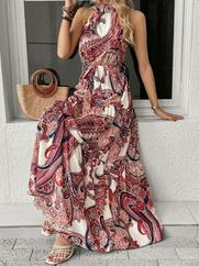 Halter Yakalı Omuzlardan Açık Kuşaklı Maksi Boy Desenli Süprem Elbise