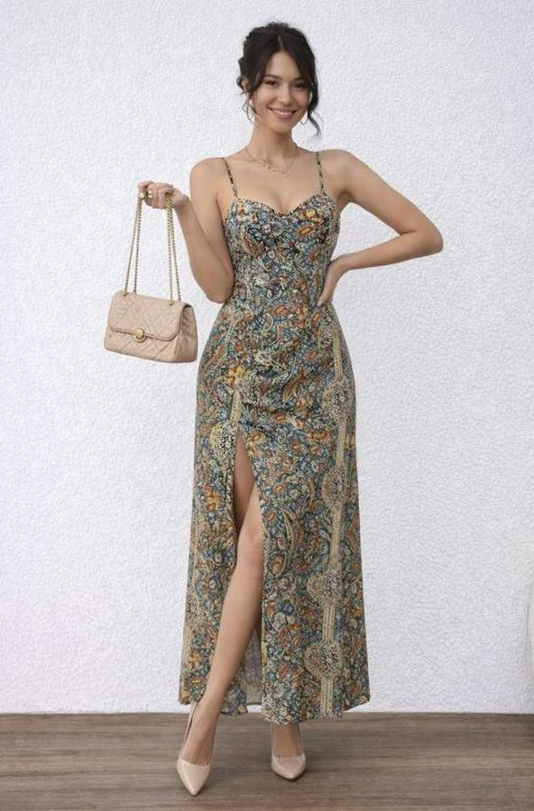 Ip Askılı Arkadan Çapraz Kesim Detaylı Uzun Desenli Süprem Elbise