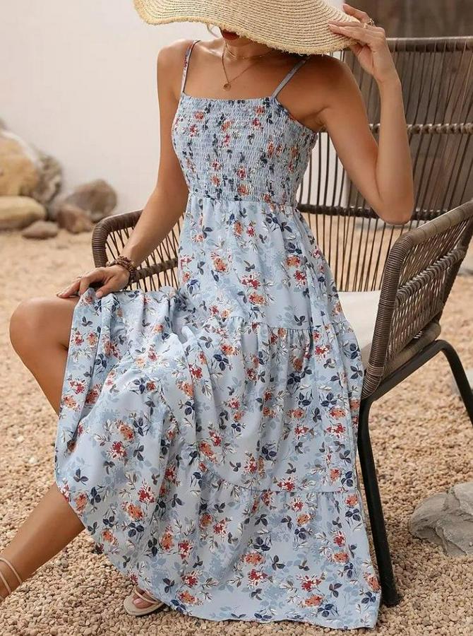 Ip Askılı Geniş V Yakalı Desenli Uzun Süprem Elbise