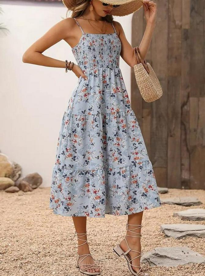 Ip Askılı Geniş V Yakalı Desenli Uzun Süprem Elbise