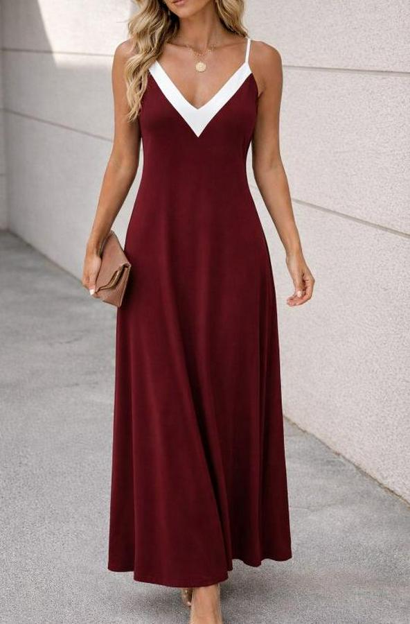 Ip Askılı Keskin V Yakalı Uzun Viskon Elbise
