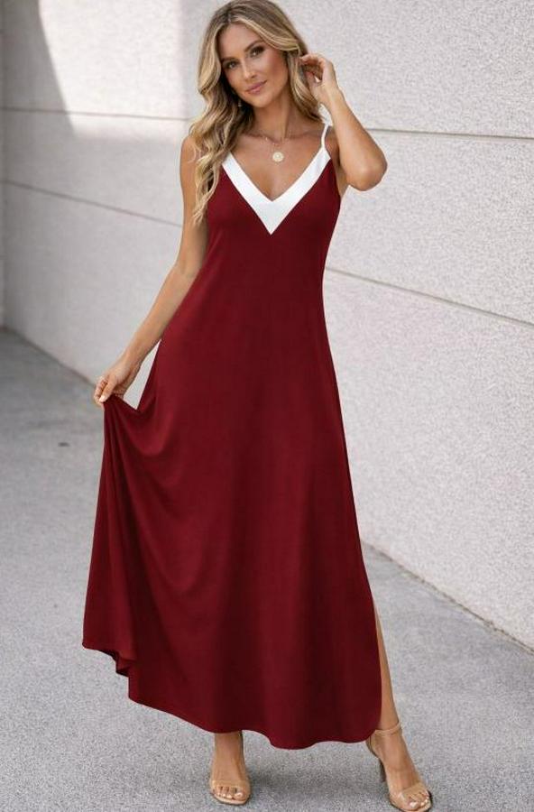 Ip Askılı Keskin V Yakalı Uzun Viskon Elbise