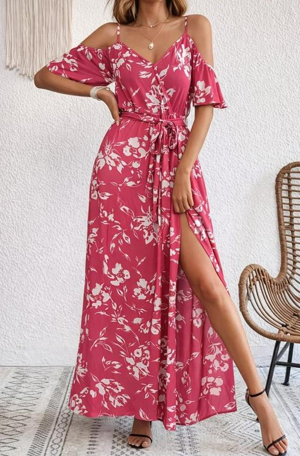 Ip Askılı Kısa Kollu Kruvaze Yakalı Yırtmaçlı Desenli Süprem Elbise