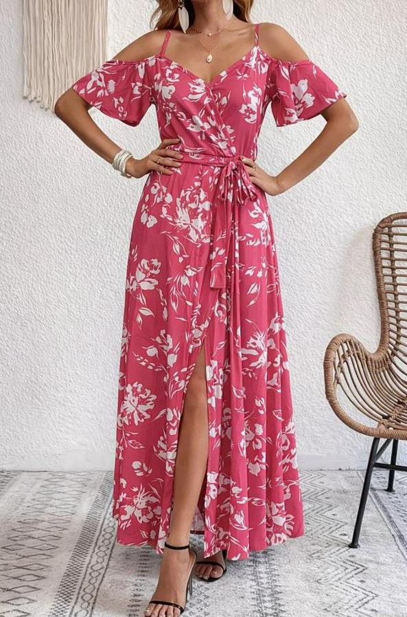 Ip Askılı Kısa Kollu Kruvaze Yakalı Yırtmaçlı Desenli Süprem Elbise