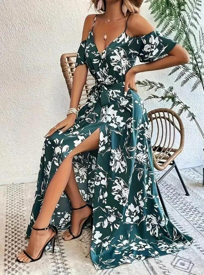 Ip Askılı Kısa Kollu Kruvaze Yakalı Yırtmaçlı Desenli Süprem Elbise