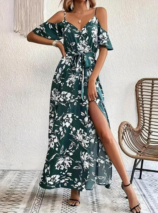 Ip Askılı Kısa Kollu Kruvaze Yakalı Yırtmaçlı Desenli Süprem Elbise