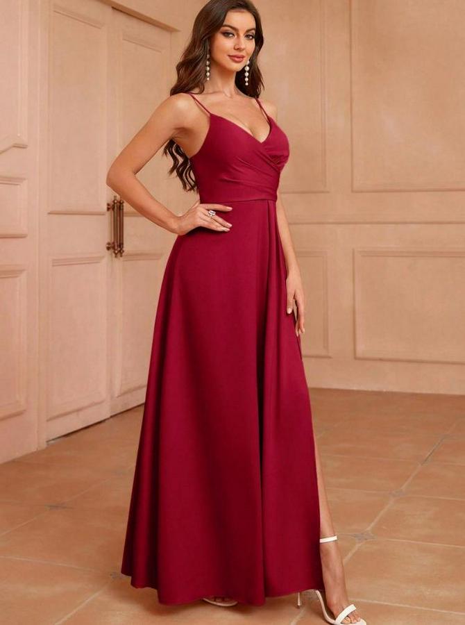 Ip Askılı Kruvaze Yakalı Yırtmaçlı Uzun Ithal Krep Elbise