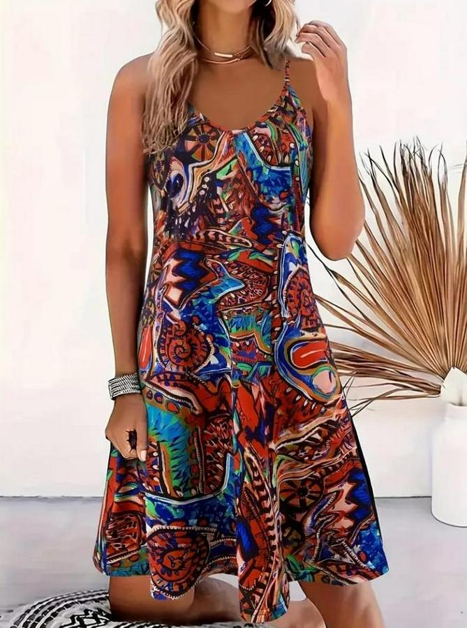 Ip Askılı V Yakalı Desenli Kısa Süprem Elbise