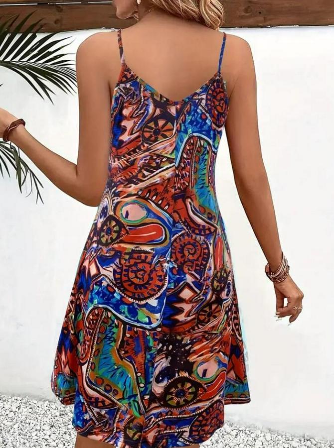 Ip Askılı V Yakalı Desenli Kısa Süprem Elbise