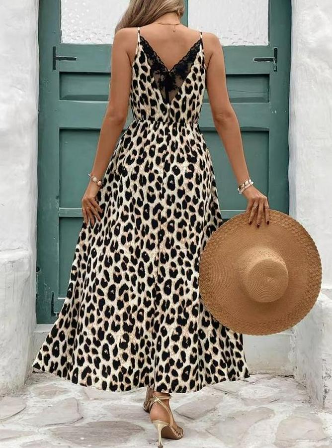 Ip Askılı Yuvarlak Yakalı Arkası V Yakalı Yırtmaçlı Uzun Leopar Desenli Süprem Elbise
