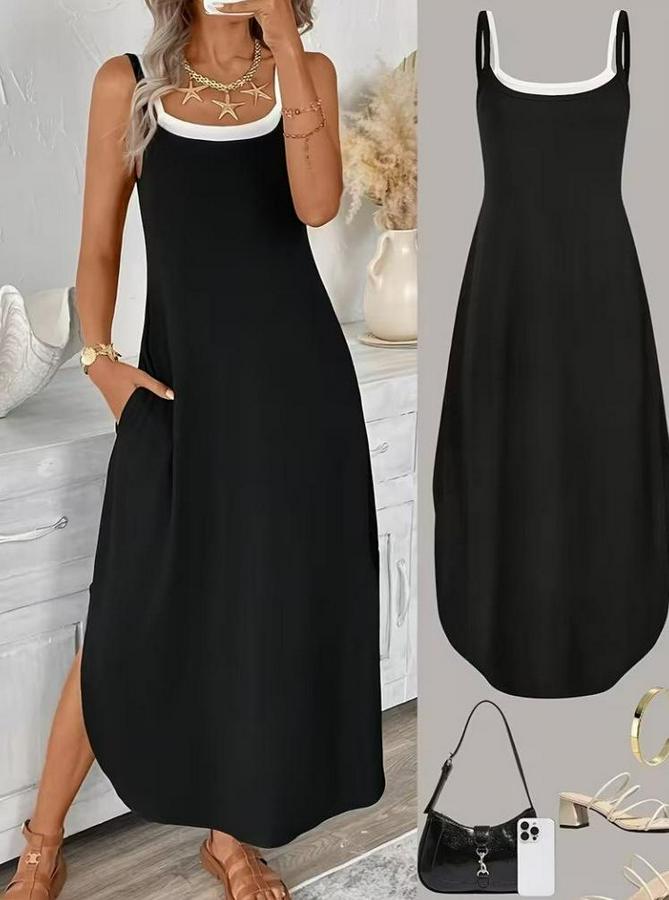 Ip Askılı Yuvarlak Yakalı Cepli Uzun Viskon Elbise