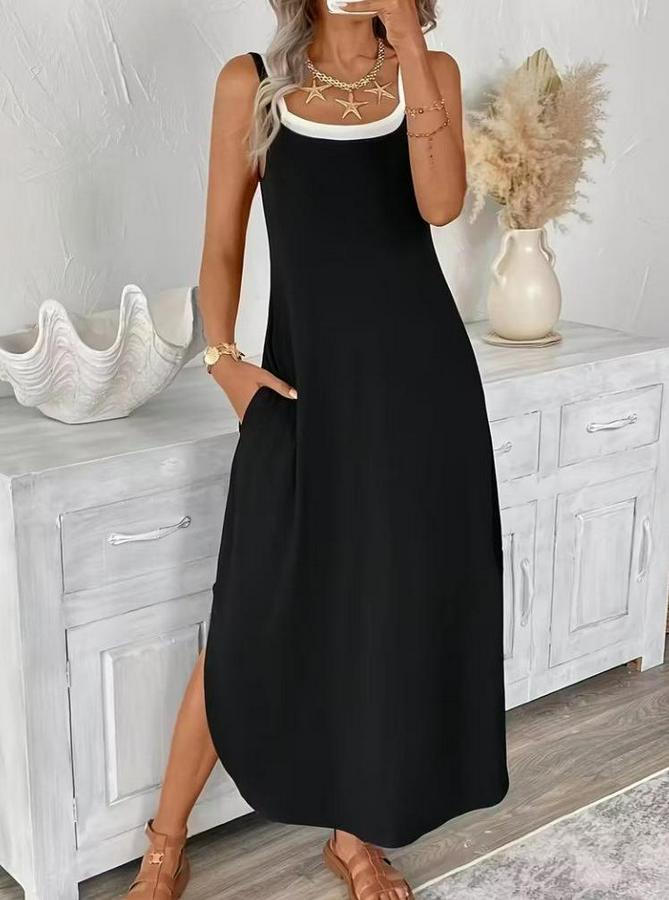 Ip Askılı Yuvarlak Yakalı Cepli Uzun Viskon Elbise