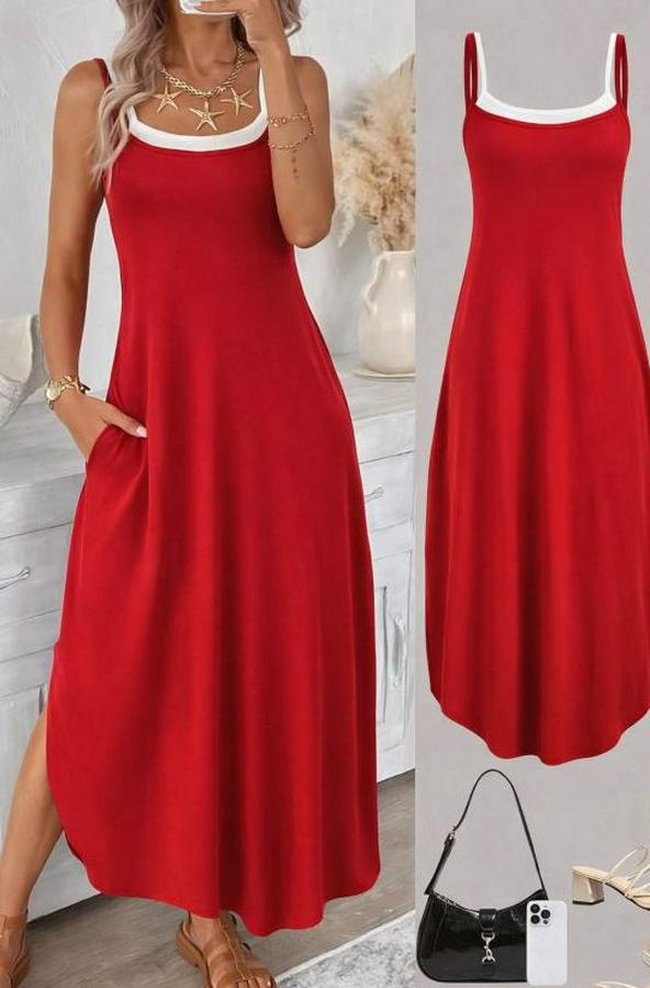 Ip Askılı Yuvarlak Yakalı Cepli Uzun Viskon Elbise