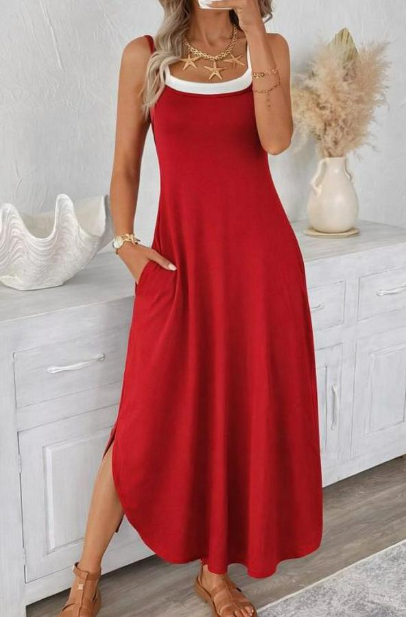 Ip Askılı Yuvarlak Yakalı Cepli Uzun Viskon Elbise