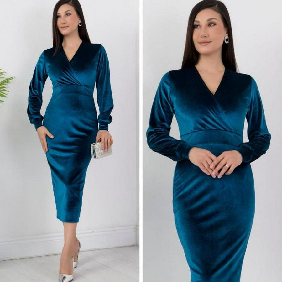 Kadife Kumaş Manşetli V Yaka Şık Kalem Elbise