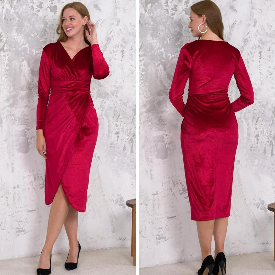 Kadife Kumaş V Yaka Uzun Kollu Midi Boy Elbise