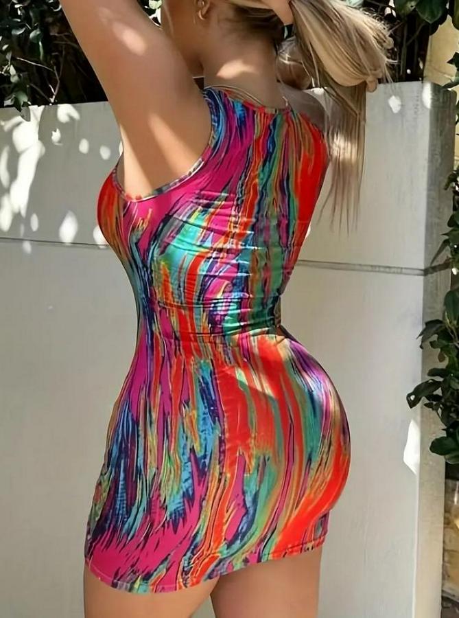 Kalın Askılı Çok Renkli Dalgıç Mini Elbise