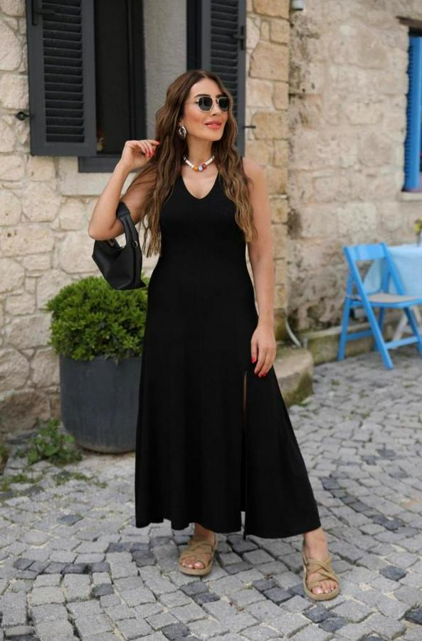 Kalın Askılı V Yaka Yırtmaç Detay Viskon Elbise