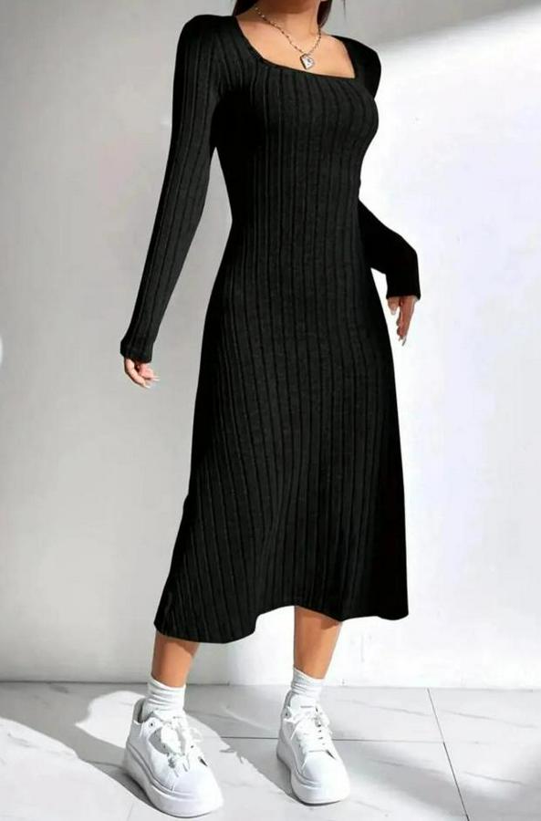 Kare Yaka Fitilli Kaşkorse Kumaş Midi Boy Elbise