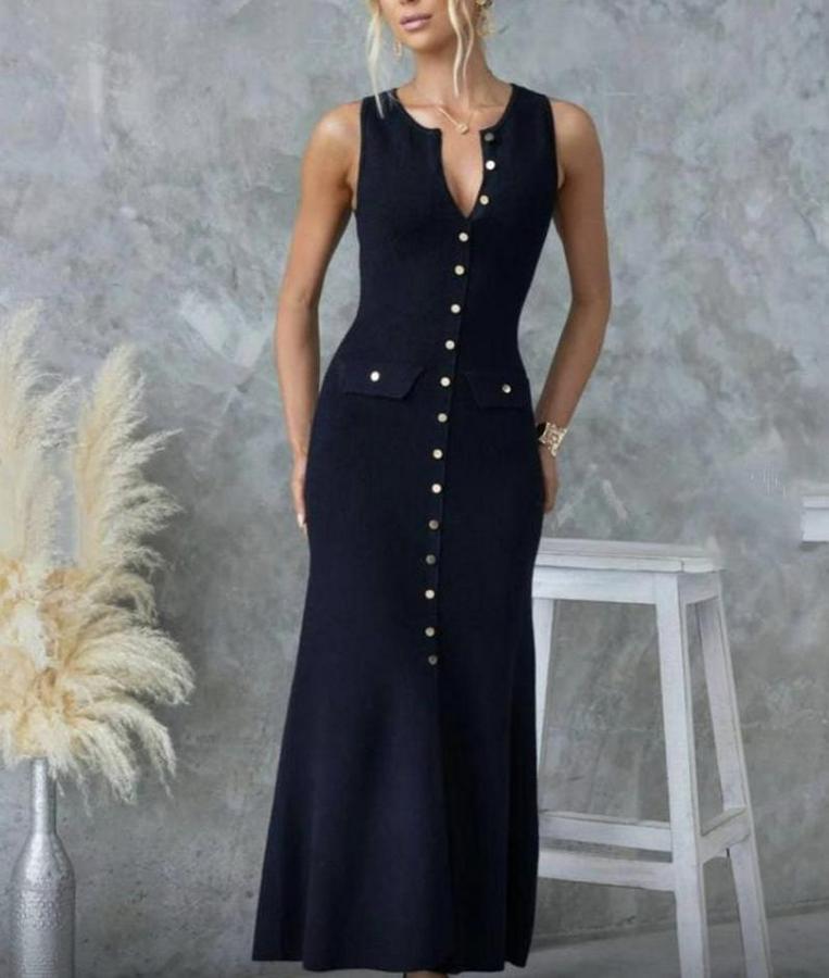 Kaşkorse Kumaş Düğme Detaylı Kolsuz Maxi Boy Elbise