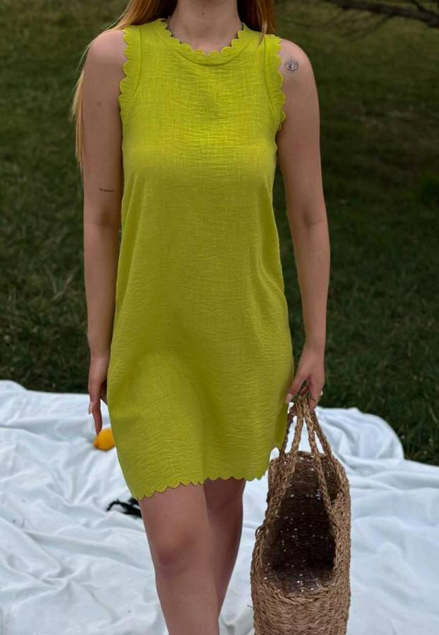 Keten Kumaş Kolsuz Mini Boy Elbise