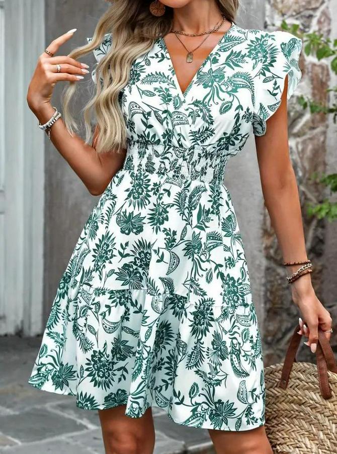 Kısa Fırfır Kollu Kruvaze Yaka Çiçekli Atlas Elbise