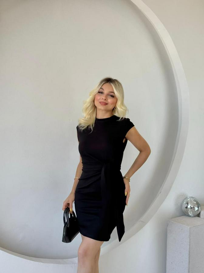 Kısa Kap Kollu Bisiklet Yaka Belden Bağlamalı Modal Mini Elbise