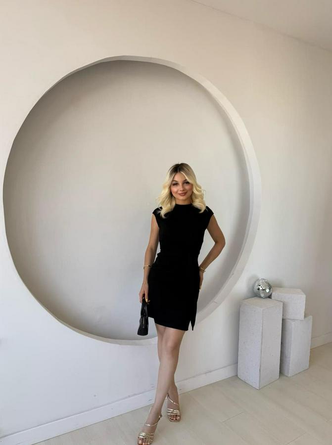 Kısa Kap Kollu Bisiklet Yaka Belden Bağlamalı Modal Mini Elbise