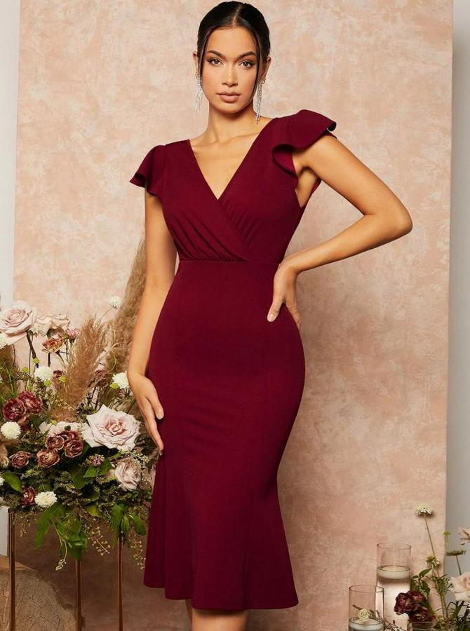 Kısa Kelebek Kollu Kruvaze Yaka Ithal Krep Midi Elbise