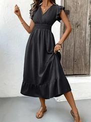 Kısa Kelebek Kollu Kruvaze Yakalı Beli Lastikli Aerobin Elbise