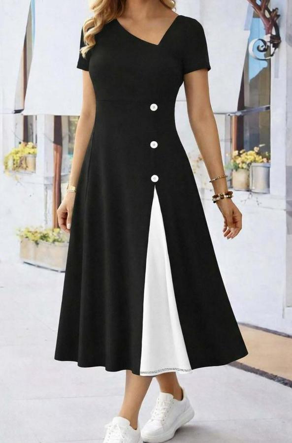 Kısa Kollu Asimetrik Yakalı Düğme Detaylı Midi Viskon Elbise
