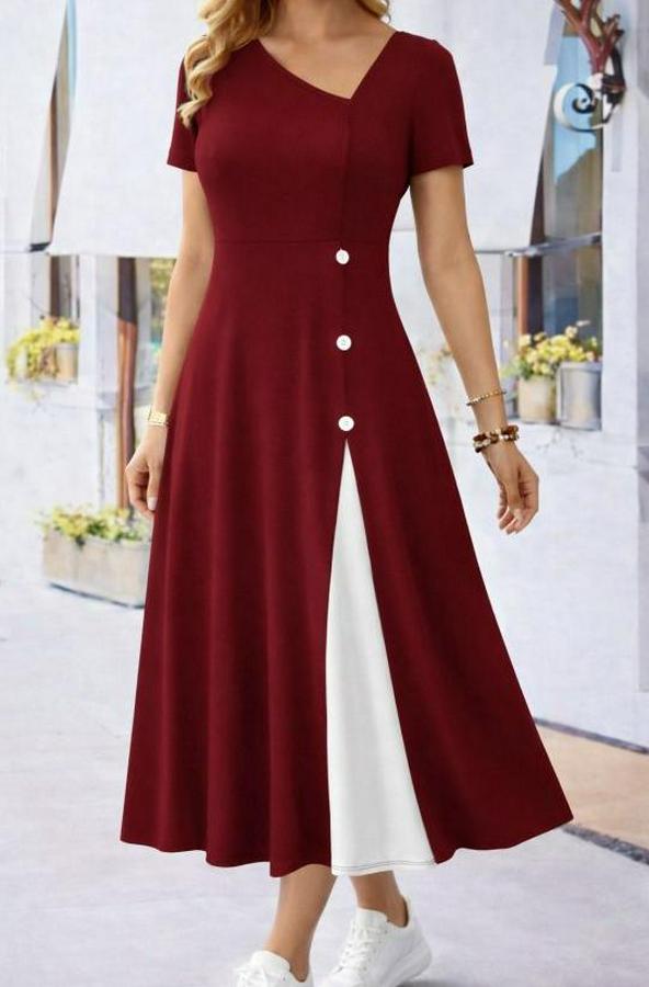 Kısa Kollu Asimetrik Yakalı Düğme Detaylı Midi Viskon Elbise