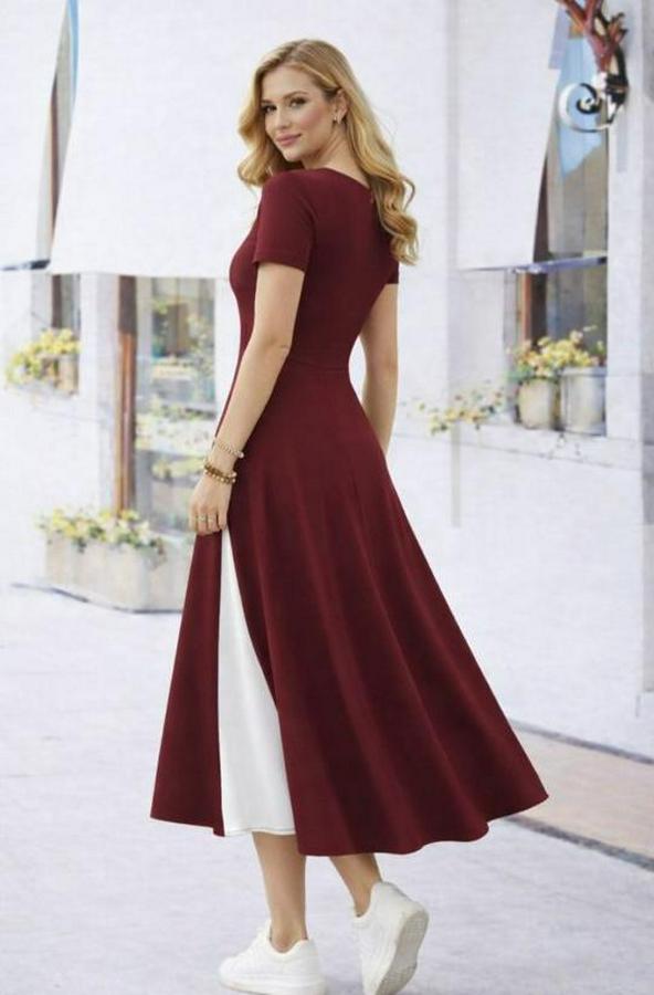 Kısa Kollu Asimetrik Yakalı Düğme Detaylı Midi Viskon Elbise