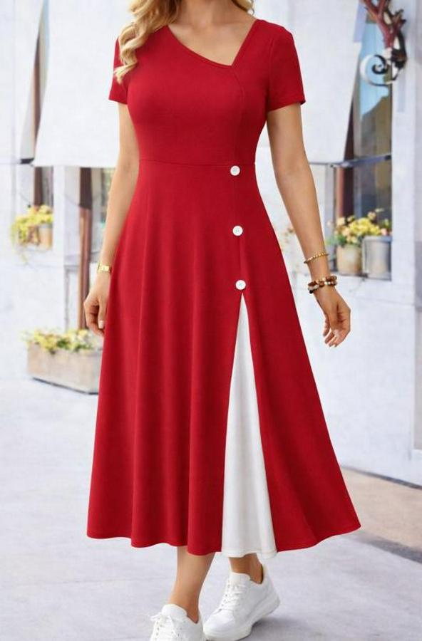 Kısa Kollu Asimetrik Yakalı Düğme Detaylı Midi Viskon Elbise