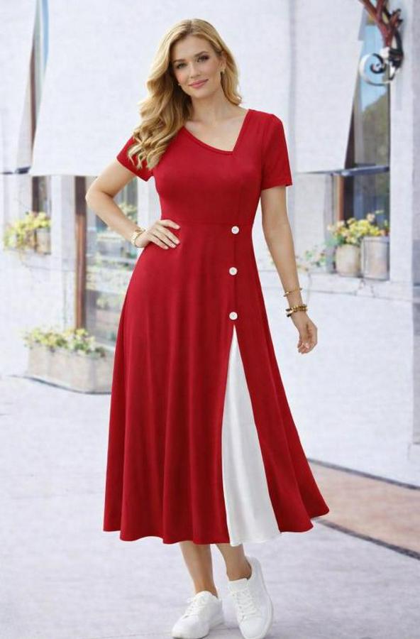 Kısa Kollu Asimetrik Yakalı Düğme Detaylı Midi Viskon Elbise