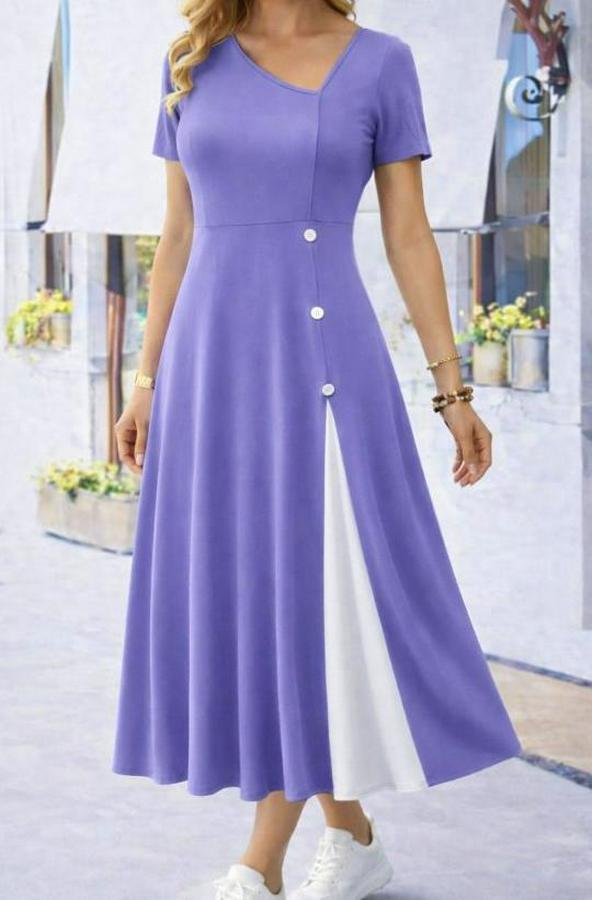 Kısa Kollu Asimetrik Yakalı Düğme Detaylı Midi Viskon Elbise