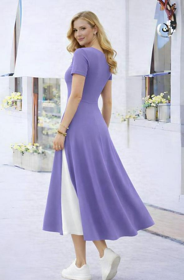 Kısa Kollu Asimetrik Yakalı Düğme Detaylı Midi Viskon Elbise