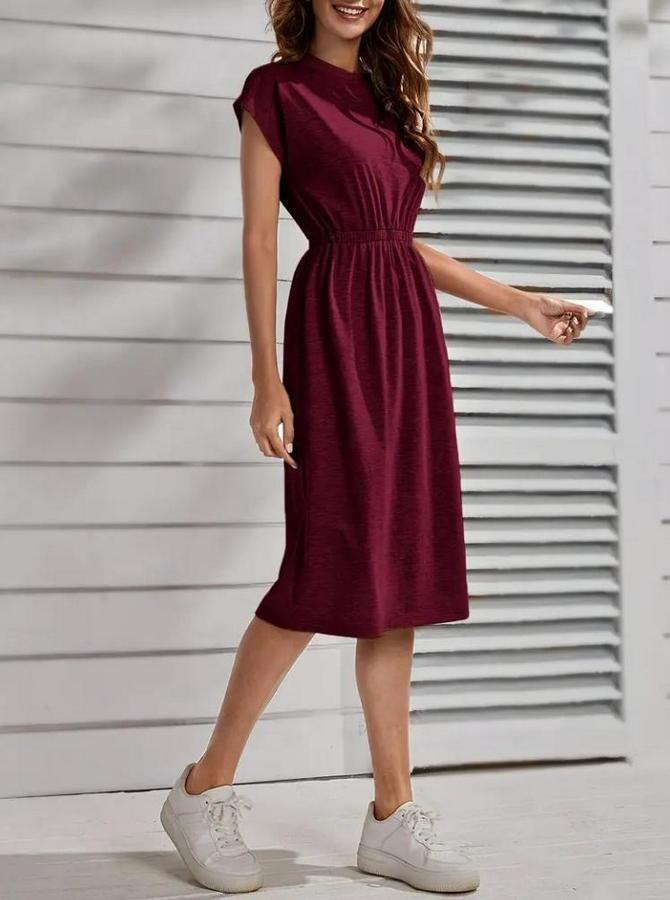 Kısa Kollu Bisiklet Yaka Belden Lastikli Midi Viskon Elbise