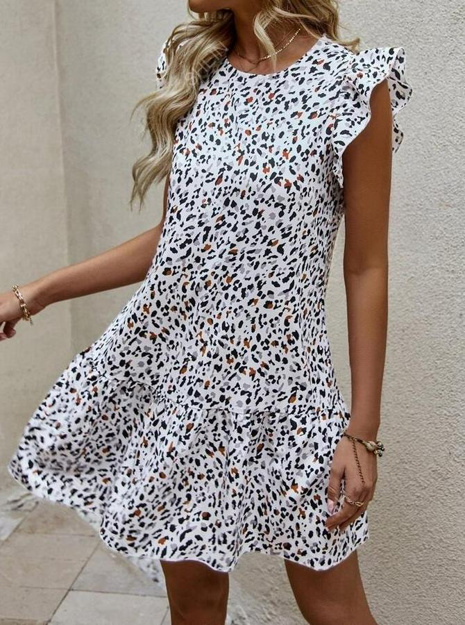 Kısa Kollu Bisiklet Yaka Etek Ucu Volanlı Kısa Dokuma Elbise