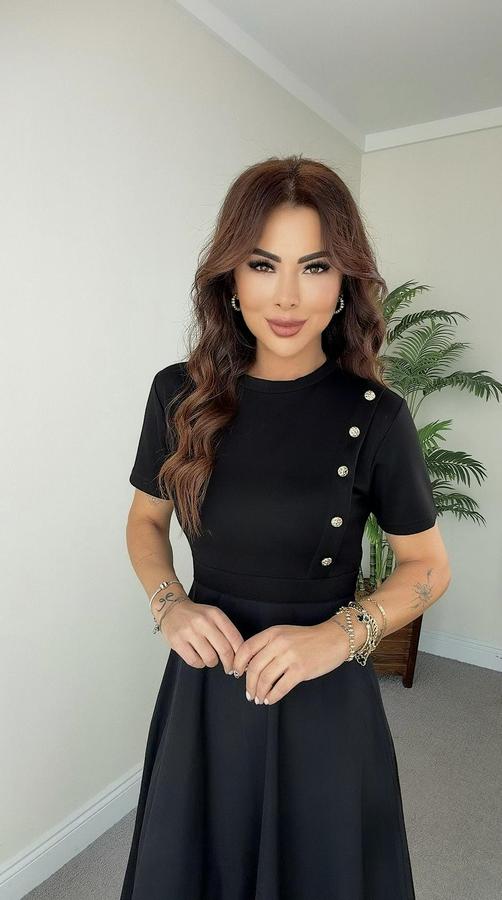 Kısa Kollu Bisiklet Yaka Gold Düğme Detay Midi Boy Elbise