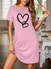 Kısa Kollu Bisiklet Yaka Kalp Desenli Viskon Elbise